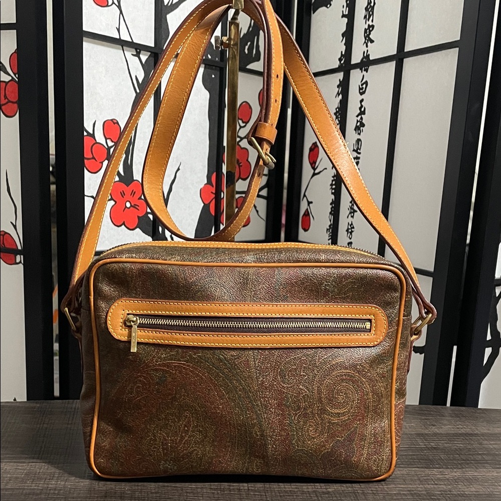 Etro Multicolor Paisley Canvas Zip Pouch with Tan Trim